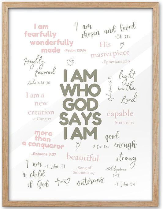 KensTro Christian Bible Verse Framed Wall Art, 12x16 in Sage and Pink Scripture Canvas Wall Art Prints,Godly Identity Poster for Christian Teen Girl Gifts Trendy Stuff Room Decor Set of 1
