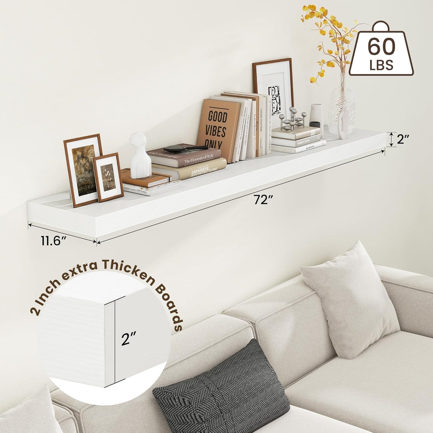 White Floating Shelves for Wall - 72 Inch Wide x 12 Inch Deep Wall Shelves Set of 1 - Rustic White Wood Shelves for Living Room, Bathroom, Laundry Room, Bedroom, Kitchen, Home Office