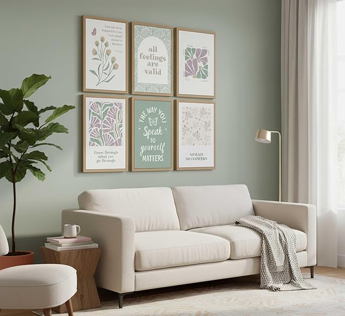 6 Pcs Mental Health Canvas Wall Art Psychology Therapy Motivational Quotes Green And Purple Abstract Boho Floral Painting Pictures Wall Decor Poster Print Artwork for Bedroom Office Unframed