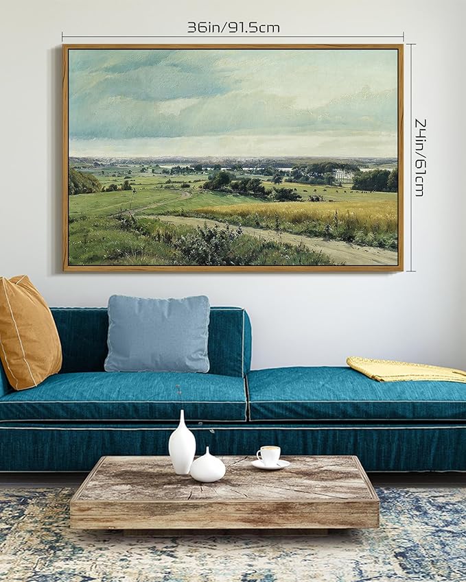 SHENIFY Vintage Landscape Framed Wall Art Rustic Countryside Meadow Farmhouse Decor Retro Grassland Painting for Hallway Living Room Bedroom Dining Room - 24x36in Natural Framed