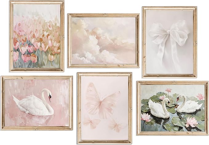6Pcs Coquette Wall Art Pastel Pink Trendy Canvas Bow Posters White Swan Preppy Painting Butterfly Pictures Aesthetic Floral Prints Nursery Wall Decor for Teen Girls Bedroom College Dorm Unframed
