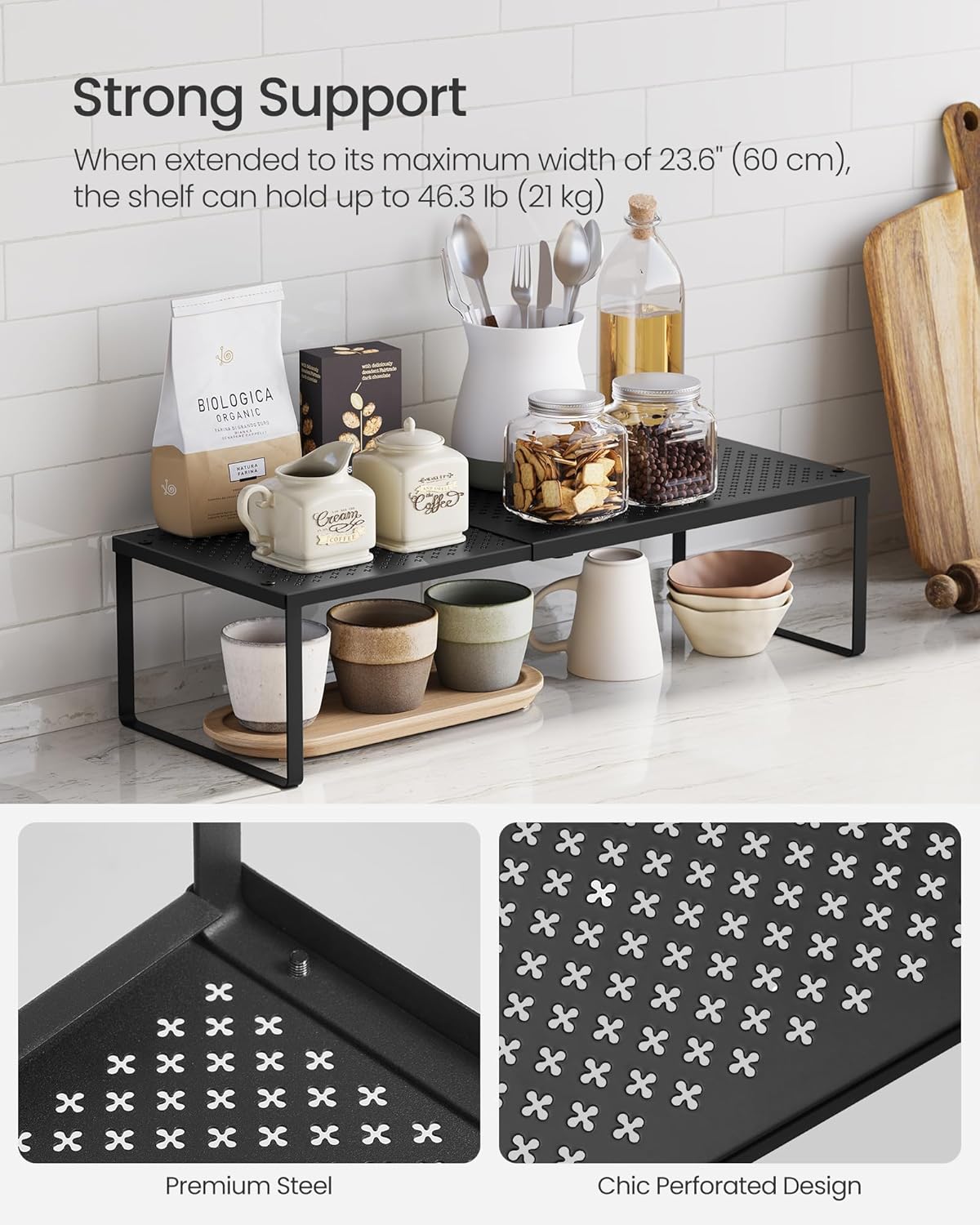 SONGMICS Spice Rack, Expandable Kitchen Countertop Shelf, Small Cupboard Organizer, Metal, Space-Saving Tabletop Shelf, Matte Black UKCS007B01