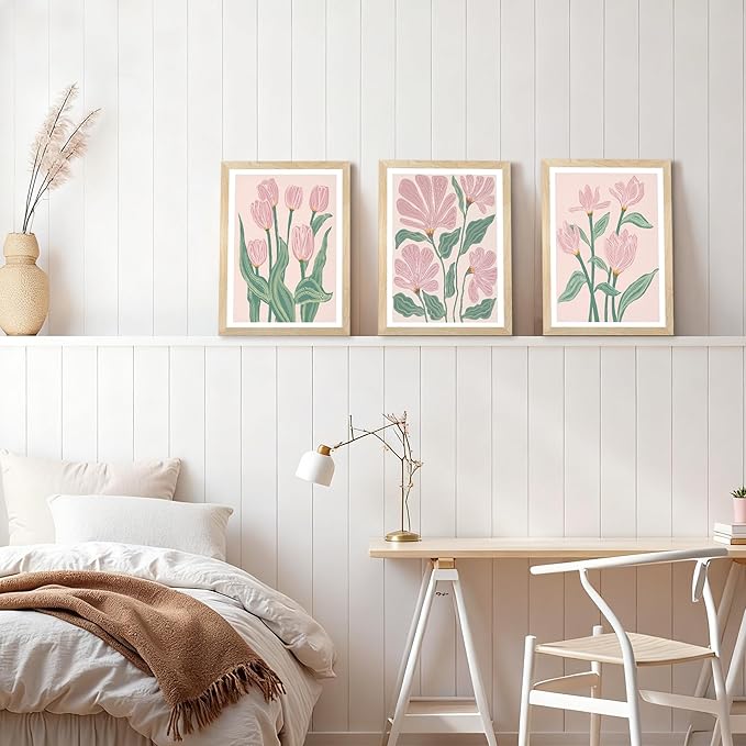 JLTULT 3 Pieces Pink Tulips Floral Wall Art, Boho Pink Green Botanical Wall Decor, Modern Abstract Flowers Paintings Art Prints for Living Room Bedroom Home Office12x16 inch Wood Framed Ready to Hang