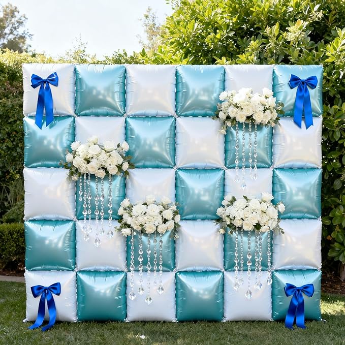 NISOCY 25PCS Pearl White and Light Blue Square Foil Balloons Wall Backdrop Double Sided Blue and White Balloons Arch Kit for Bridal Baby Shower Wedding Engagement Birthday Theme Party Decorations