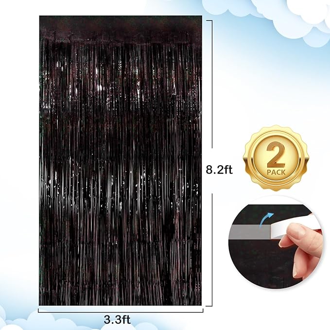 Black Fringe Curtain Party Streamers 2Pack 3.3x8.3 Ft Foil Fringe Backdrop Curtains for Birthday Wedding Bridal Baby Shower Holiday Tinsel Streamers Black Party Decorations Door Streamer