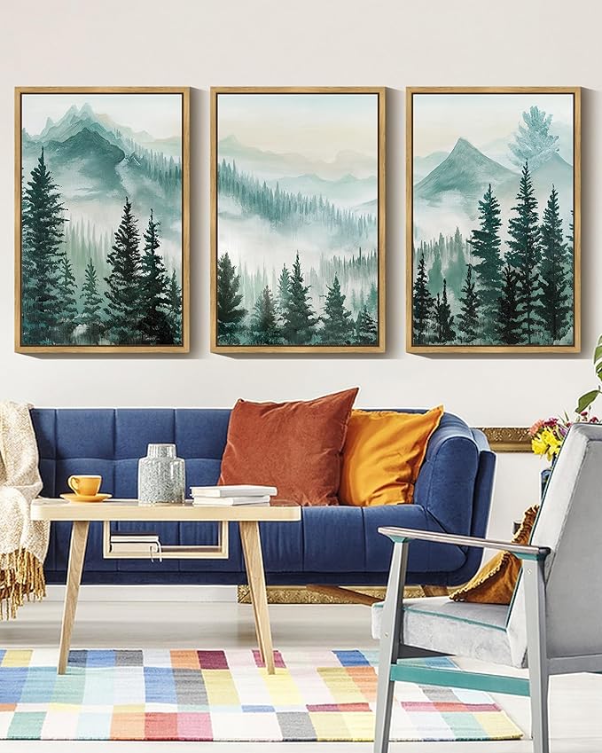 SHENIFY Fog Pine Green Tree Forest Canvas Wall Art Large 16x24in Framed Nordic Nature Modern Artwork Prints Decor - Natural Framed
