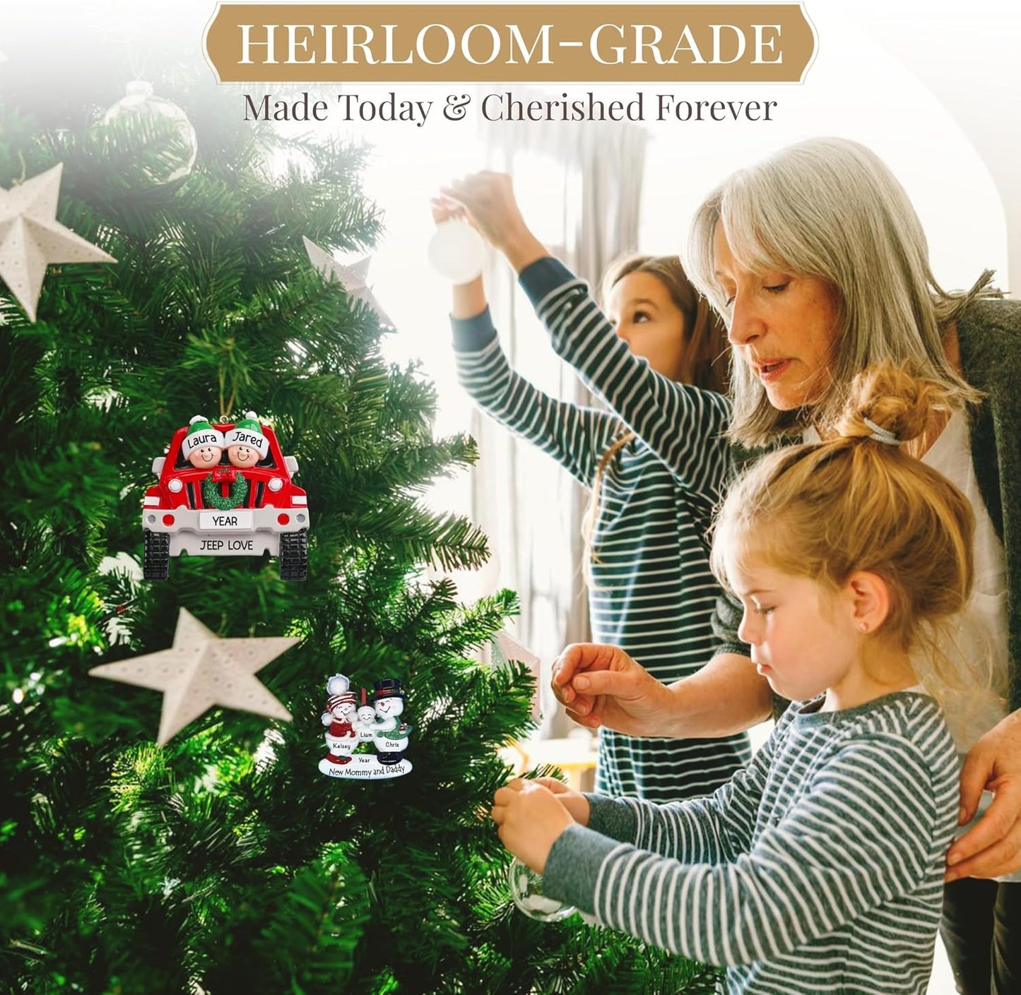 Personalized Family of 5 Ornament 2025 | Free 24h Customization | Christmas Ornaments for Tree | Custom Gift Wrapped Green Glitter Keepsake for Five Persons