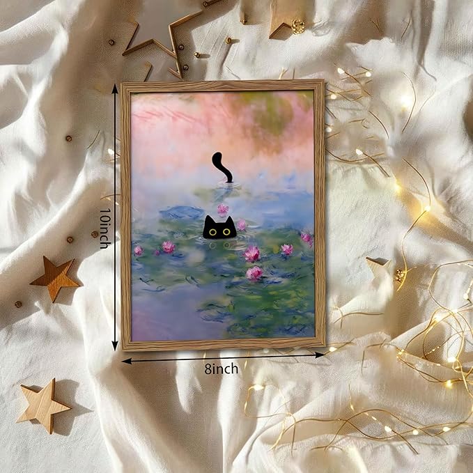 Vintage Framed Cat Canvas Wall Art Monet Print, Funny Black Cat in Water Lilies Poster, Monet Office Wall Decor, Floral Oil Painting Picture Artwork for Living Room Bathroom Aesthetic – 8x10 inch