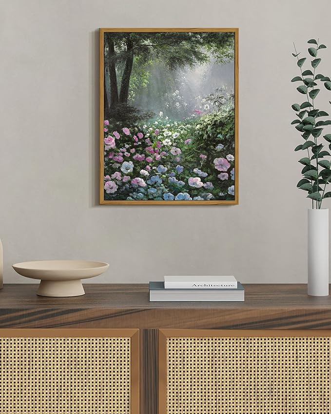 SHENIFY Vintage Floral Framed Wall Art Garden in Flower Scenery Farmhouse Decor Retro Flower Sea Field Painting for Living Room Bedroom Ready to Hang Wall Artwork - 11x14in Natural Framed