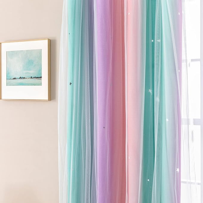 XiDi Curtains for Bedroom Decor, Rainbow PinkPuGreen-62-84