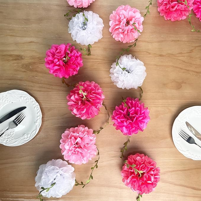 Hot Pink White Party Decorations Ombre Pink White Tissue Paper Flowers Pom Pom Leaf Ribbon Hanging Streamer Garland for Women Girls Birthday Bachelorette Baby Shower Wedding Flamingo Party Supplies