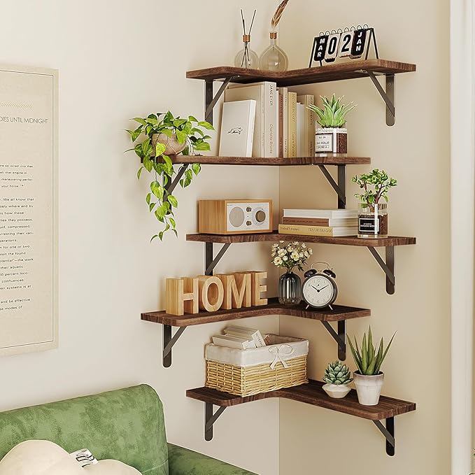 Fixwal Floating Shelves for Wall, Rustic Wood Wall Mounted Corner Shelf for Bathroom, Kitchen, Bedroom, Home Decor, Laundry Room, Living Room, Set of 5 (Dark Carbonized Black)