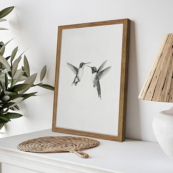 Vintage Wall Art Framed Hummingbird Canvas Print, Modern Farmhouse Birds Wall Decor, Living Room Sketch Painting Picture, Minimalist Black and White Bird Bedroom Decor – 12x16 inch