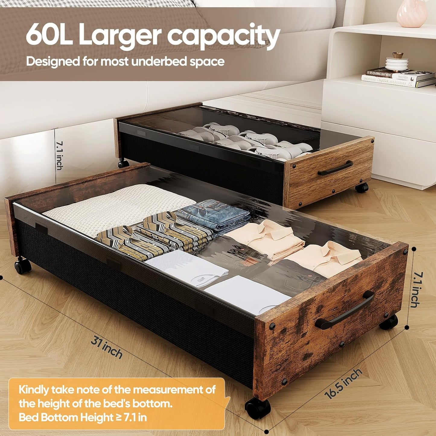 Wooden Under Bed Storage with Wheels, Rolling Under the Bed Storage Bins with Removable Lid, Metal Under Bed Drawers for Clothes and Shoes in Bedroom or Living Room(Vintage Brown-2pack)