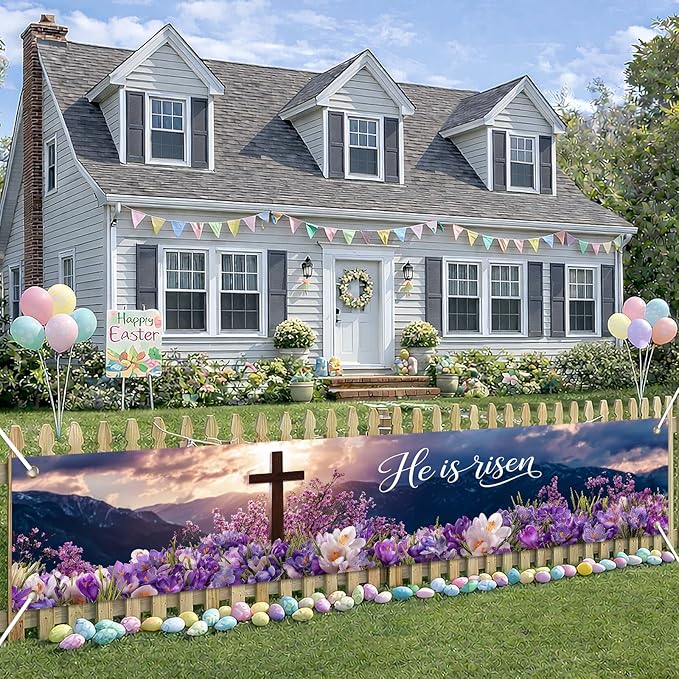 He Is Risen Easter Banner Resurrection Cross Spring Christian Faith Decor 118×20 inch Religious Easter Banner for Church Yard Fence Wall Door Indoor Outdoor Display