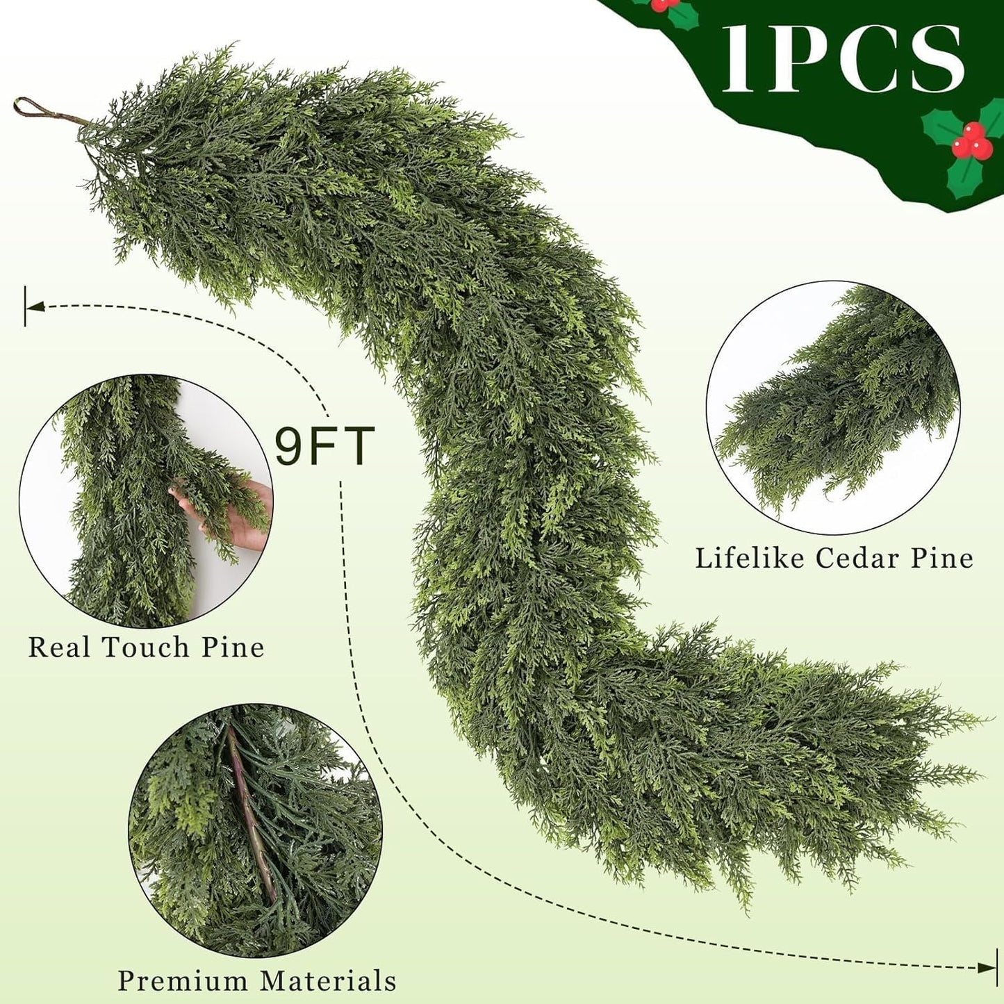 Real Touch Christmas Cedar Garland -9ft Artificial Garlands Faux Cedar Fake Pine Needles Garland for Fireplace,Table,Window,Stairs,Mante,Holiday Indoor Outdoor Xmas Decor(1PCS)