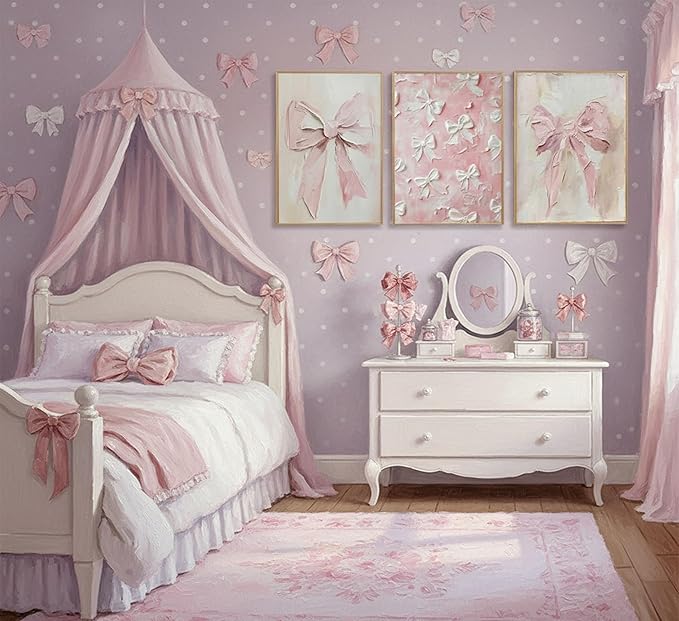 3Pcs Trendy Pink Bow Canvas Wall Art Vintage Cute Preppy Watercolor Bows Painting Pictures Wall Decor Posters Prints Girly Aesthetic for College Apartment Bedroom Decoration Unframed
