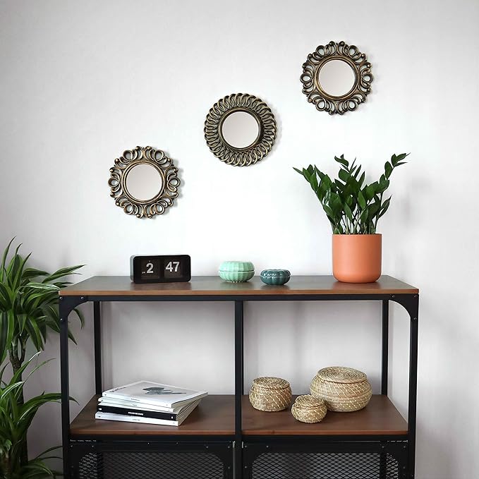 BONNYCO Wall Mirrors Pack of 3, Round Gold Mirrors for Home Decor Bedroom and Living Room. Espejos Decorativos de Pared Sala Dormitorio, Circle Wall Decor Minimalist Vintage Chic. Gifts for Women Mums