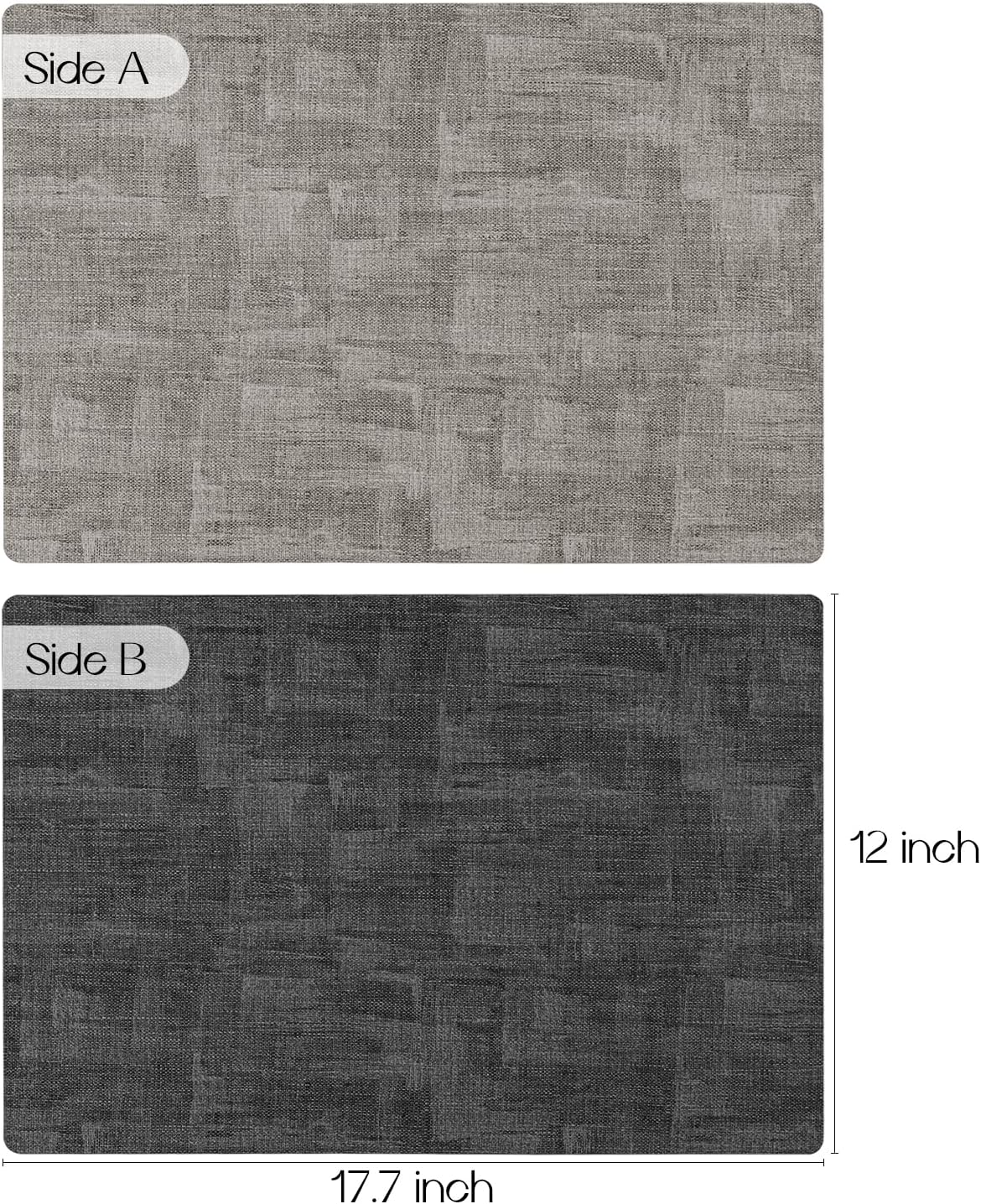 Romanstile Reversible Vinyl Placemats Set of 8, Faux Leather 100% Waterproof Oil-proof Wipeable Place Mats, Heat Resistant Dual Sided Table Mats for Kitchen/Dining/Party (Grey Light Grey, 12 x 17 Inch