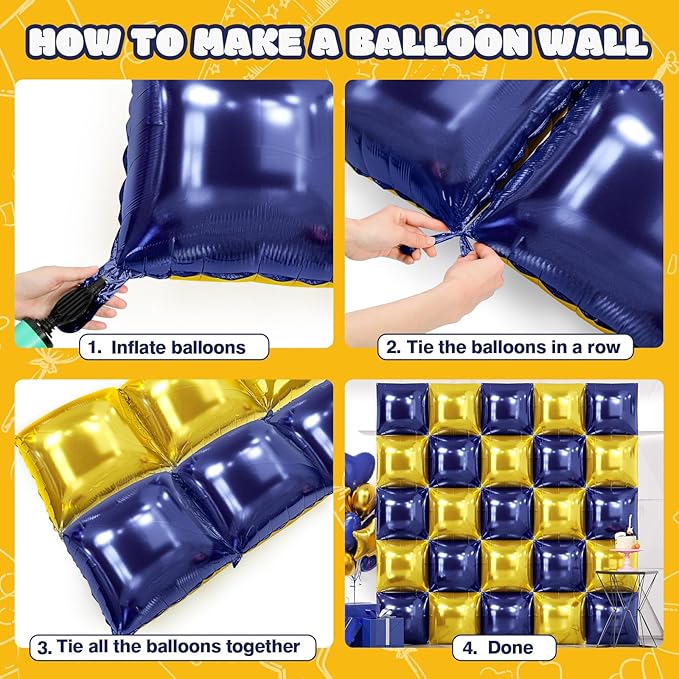 NISOCY 25PCS Blue Gold Square Foil Balloons Wall Backdrop Double Sided Navy Blue Gold Balloons Arch Kit for Birthday Graduation Baby Shower Wedding Anniversary Party Decorations