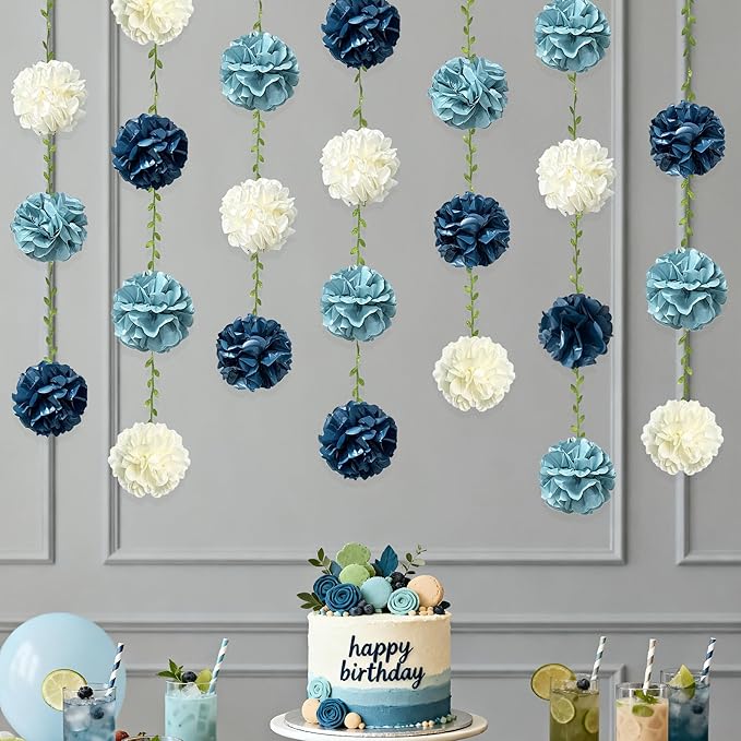 Dusty Blue Party Decorations Dusty Navy Blue Beige Tissue Paper Flowers Pom Pom with Leaf Ribbon Hanging Garland Streamer for Birthday Baby Shower Wedding Graduation Retirement Nautical Party Supplies