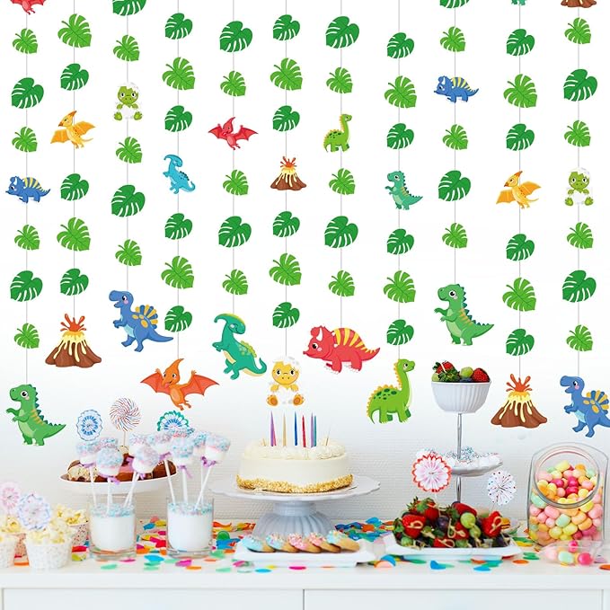 8 Pcs Dinosaur Party Decorations Dinosaur Garlands Watercolor Dino Hanging Banner Palm Leaves String Decor for Boy Jungle Dino Theme Birthday Baby Shower Party Supplies Home Wall Backdrop