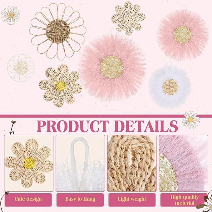 Chunful 7 Pcs Boho Wall Basket Decor Rattan Flower Wall Decor Nursery Daisy Flower Woven Macrame Hanging Flowers for Baby Kids Girls Farmhouse Bedrooms Living Rooms Kitchen Home(Pink)