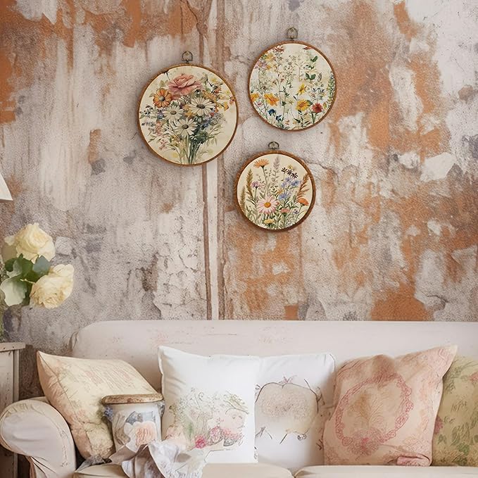 Fiwochic 3 Pcs Round Wildflowers Boho Wall Decor Vintage Flowers Wall Artwork Spring Floral House Artwork Flowers Painting Canva Print Framed Art Farmhouse Nature Hanging Boho Decor for Bedroom