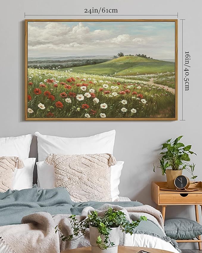 SHENIFY Vintage Landscape Framed Wall Art Meadow with Flowers Scenery Farmhouse Decor Rustic Retro Grassland Floral Field Painting for Hallway Living Room Bedroom - 16x24in Natural Framed