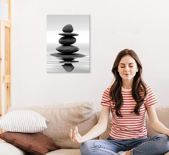 Zen Canvas Wall Art Black Stacked Stone Poster Print for Spas Bathrooms Yoga Rooms Meditation Spaces Wall docer Ready to hang 12x16in Framed