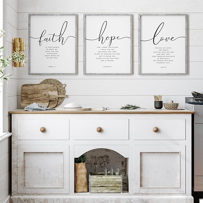 Houmury Set of 3 Framed Farmhouse Bible Verses Wall Decor Sign 11”x14” Christian Faith Scripture Wall Art for Home Living Room Bedroom Wall Decor (11"x14" Grey)