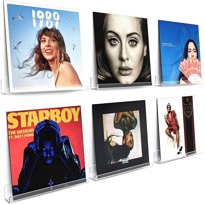 Vinyl Record Shelf Wall Mount, 12 inch Clear Acrylic Album Record Holder Display, Floating Shelves for Wall, Magazine Shelf, Kids Bookshelf, Suitable for Bedroom, Living Room, etc.—6 Pack