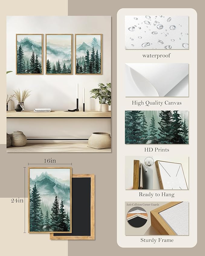 SHENIFY Fog Pine Green Tree Forest Canvas Wall Art Large 16x24in Framed Nordic Nature Modern Artwork Prints Decor - Natural Framed
