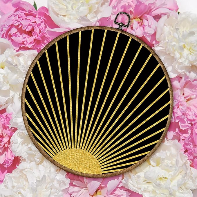 TLESKE Black Golden Boho Sun Round Wall Art Decor Framed 10x10, Bohemian Sunshine Canvas Wall Art Prints Artwork, Abstract Minimalist Wall Hanging Room Door Decor Decorations for Bedroom Living Room