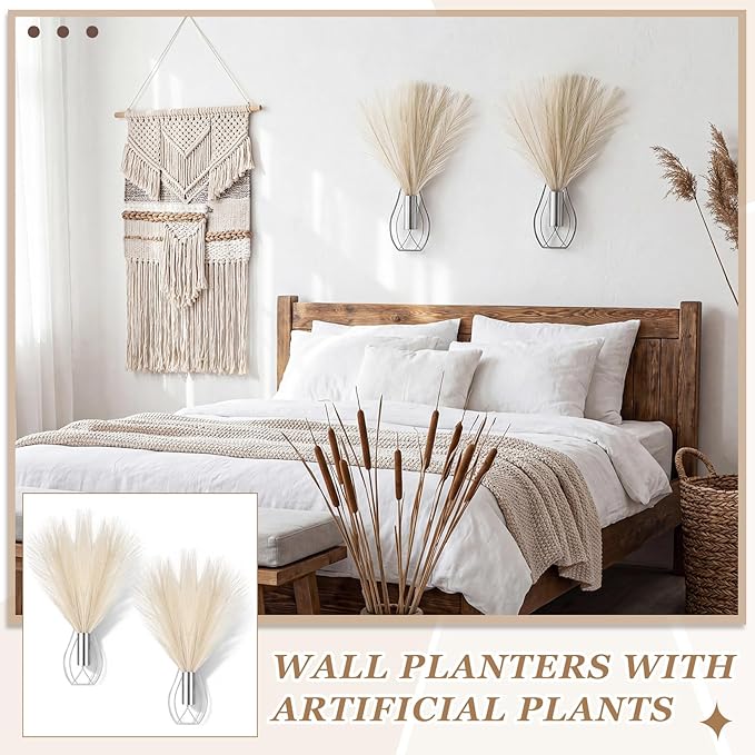 Otoolling 2 Pieces Hanging Plant Wall Decor with Artificial Pampas Grass Metal Hanging Vase Modern Geometric Farmhouse Bohemian Wall Art for Living Room Bedroom Kitchen Office (Silver, Beige)