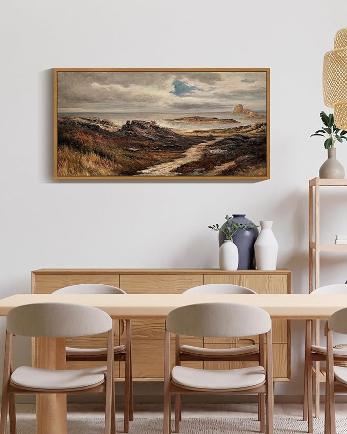 SHENIFY 20x40in Extra Large Vintage Framed Wall Art Seaside Path Wilderness Landscape Painting Retro Coastal Scenery Farmhouse Bedroom Above of Bed Living Room Decor - Natural Framed