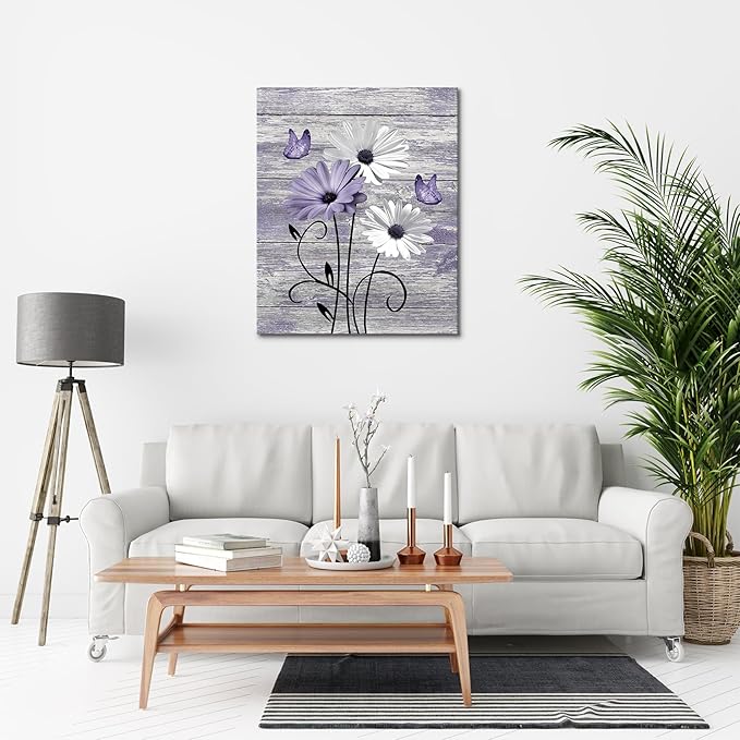MYUSRE Farmhouse Purple Floral Wall Art for Living Room,White Daisy and Purple Butterfly on Rustic Wood Canvas Wall Art Country Flower Pictures for Bedroom Bathroom Office Wall Decor, 16L X 12W inches