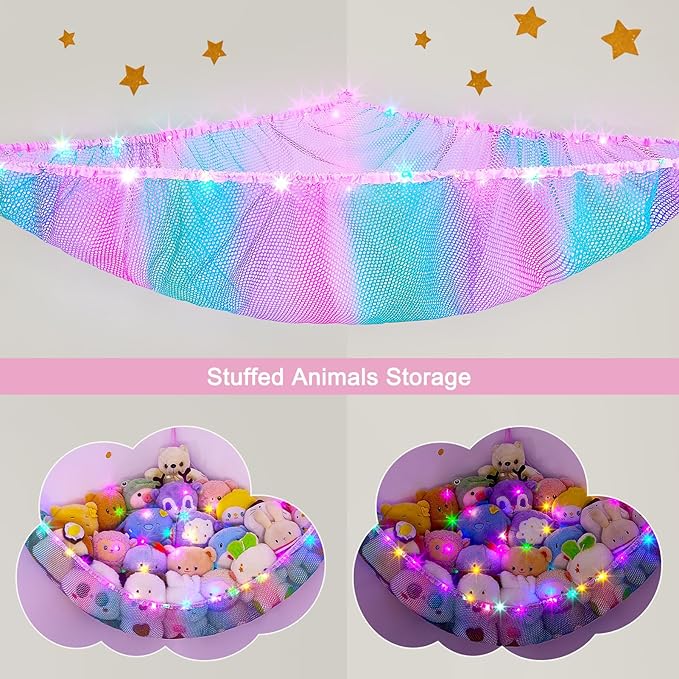 Unicorn Castle Stuffed Animals Net or Hammock Kids Toy Storage Organizer with LED Light Hanging Corner Stuffed Animals Holder Kids Girls Room Decor,Pink-Blue-Purple,Large (Pack of 1)