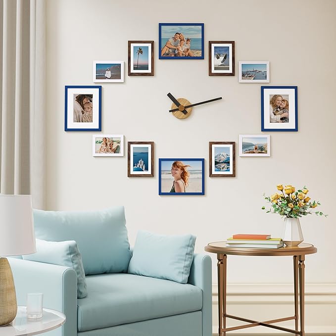 Vittanly 12 Pack Picture Frames Collage Wall Decor for Mounting or Tabletop Display, Gallery Wall Frame Set for Family, Multi Sizes Including 4pcs 8x10, 4pcs 5x7, 4pcs 4x6, Blue & Brown & White