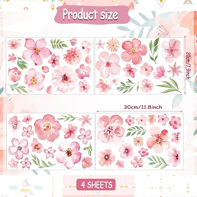 Glow in The Dark Boho Flower Wall Decals，Glowing Luminous Pink Watercolor Flower Wall Stickers Removable self-Adhesive Wildflower Decals for Girls Bedroom Kids Baby Nursery Living Room Decor