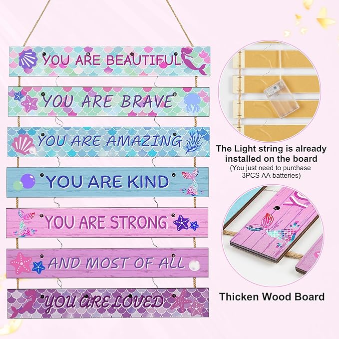 FIOBEE Girls Room Décor for Teen Girls Boys with LED Light Wall Decor for Bedroom Motivational Inspirational Wall Art Room Decoration for Kids Studyroom, 8 Kinds of Lights, Pink Green Mermaid