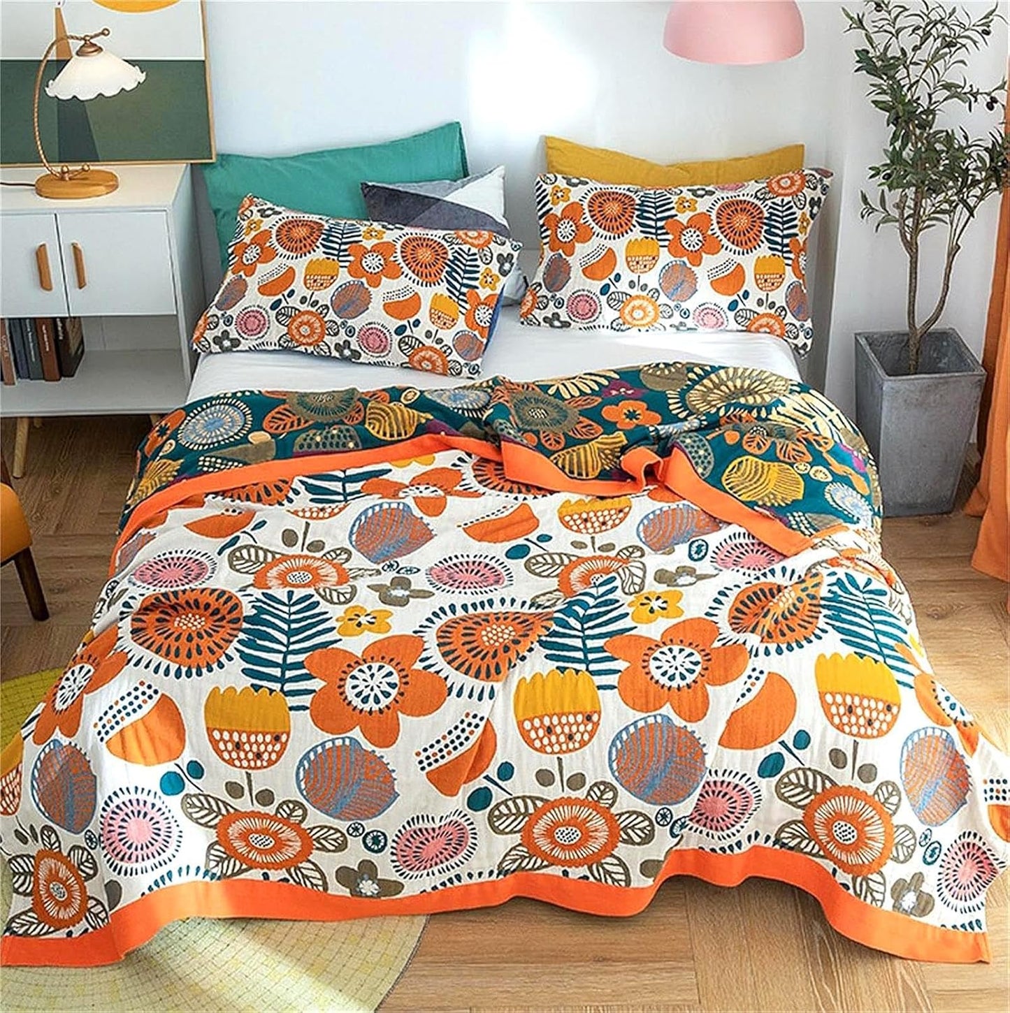 Cotton Throw Blanket for Couch Bed 100% Cotton Quilt 90''x 98'', Boho Floral Blanket Cozy Soft Muslin Farmhouse Bed Blanket Decorative Christmas Blankets Gifts for Women Mom