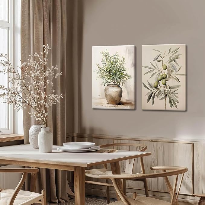 2Pcs Framed Botanical Wall Art Green Olive Branches Poster Print Neutral Farmhous Plant Picture Canvas Painting Wall decor for Living Room Kitchen or Dining Room Decor 12x16IN