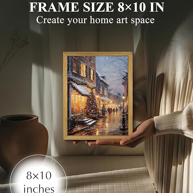 Vintage Christmas Wall Art 8x10 Inch, Wood Framed Winter Snow Street Canvas Print Picture, Rustic Holiday Christmas tree Wall Decor Oil Painting for Living Room Bedroom Kitchen