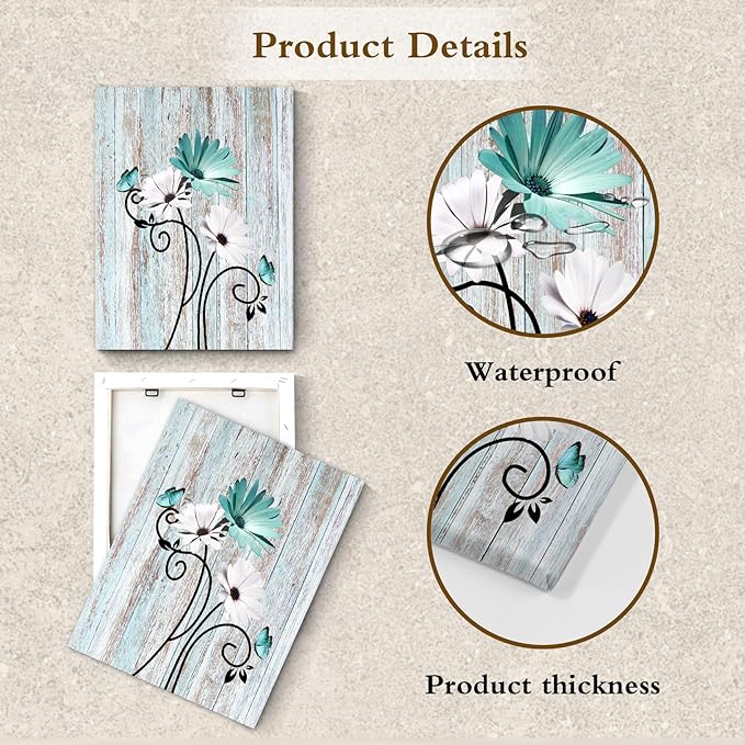 HVEST Teal Daisy Wall Art Vintage Flower and Butterfly on Rustic Wooden Abstract Painting Farmhouse Plant Wall Art for Bathroom Living Room Bedroom Kitchen Decor Ready to Hang, 10Lx8W Inches