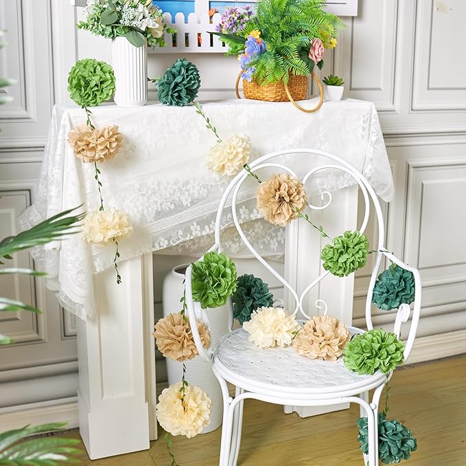 Paper Flower Garland, Saga Green, Light Beige and Cream Color Tissue Paper Flowers Party Decorations, Paper Flowers for Baby Shower, Garden Party, Wedding, Wall Decor, Spring Summer Decor