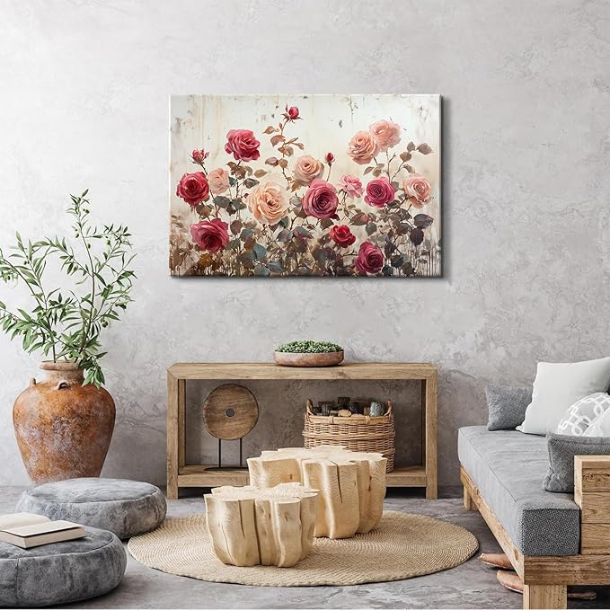 Pink Rose Wall Art for Living Room Decor Vintage Roses Flowers Wall Decor Retro Floral Canvas Prints Pictures Rustic Farmhouse Flower Paintings Artwork for Bedroom Bathroom Home Decorations 32x48"