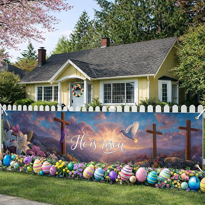 He Is Risen Easter Banner Christian Resurrection Spring Decor 78 x 17 Inch Religious Cross Scene Banner for Church Yard Fence Door Wall Indoor Outdoor Easter Faith Celebration Display