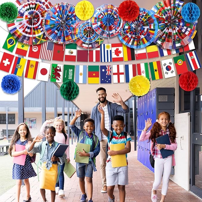 Pasimy 15 Pcs International World Flags Decorations Around The World Hanging Paper Fans Country Flags Banner Bunting Paper Pompoms Honeycomb Ball for Around The Nation Classroom Sport Supplies