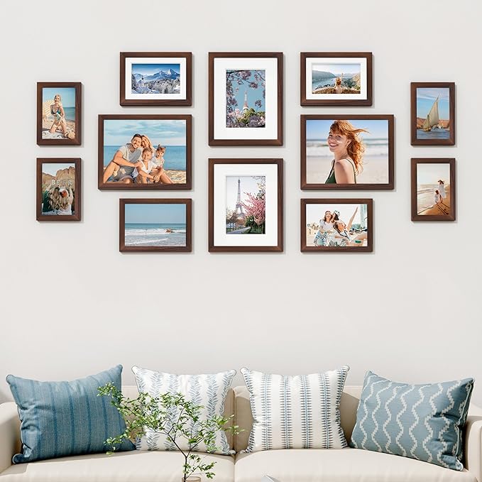 Vittanly 12 Pack Picture Frames Collage Wall Decor for Mounting or Tabletop Display, Gallery Wall Frame Set for Family, Multi Sizes Including 8x10, 5x7, 4x6, Light Brown